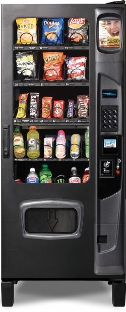 25-Select-3WDZ A sleek black and silver VendRevv Slim Chill 25 Select Snack and Drink Vending Machine