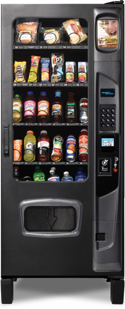 27-Select-BD-3WSZ A sleek black and silver VendRevv Slim Chill 27 Select Snack and Drink Vending Machine